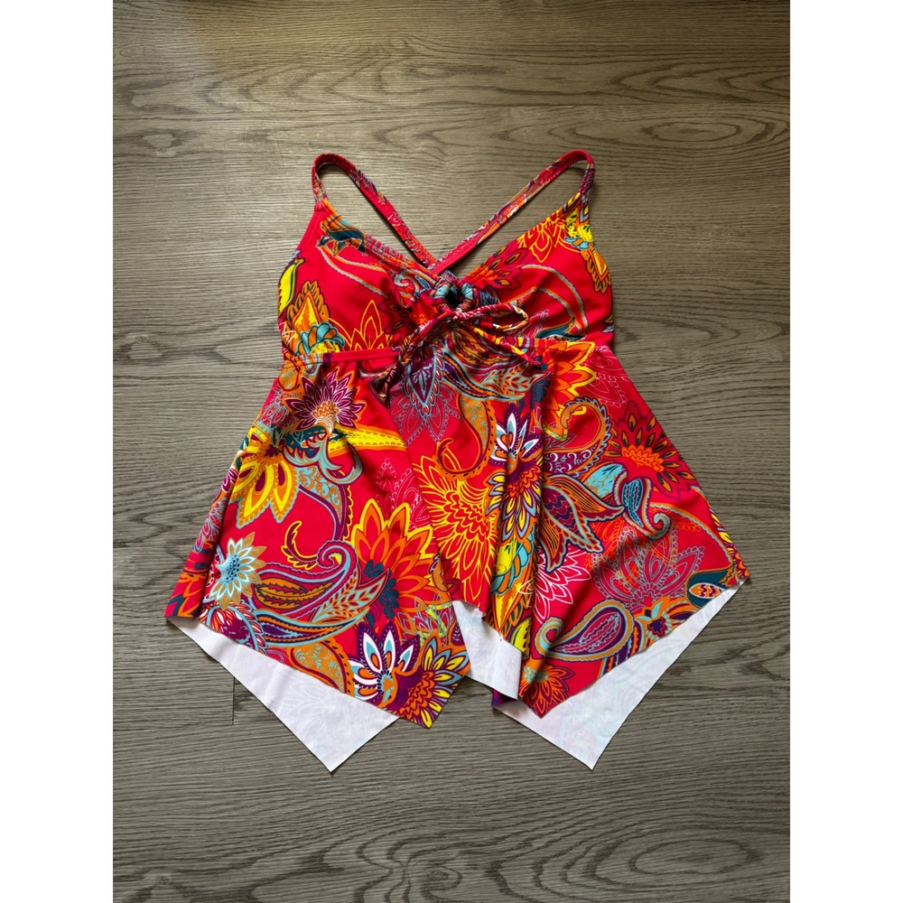 Venus Womens Red Paisley Floral Handkerchief Hem Tankini Swim Top Size 6